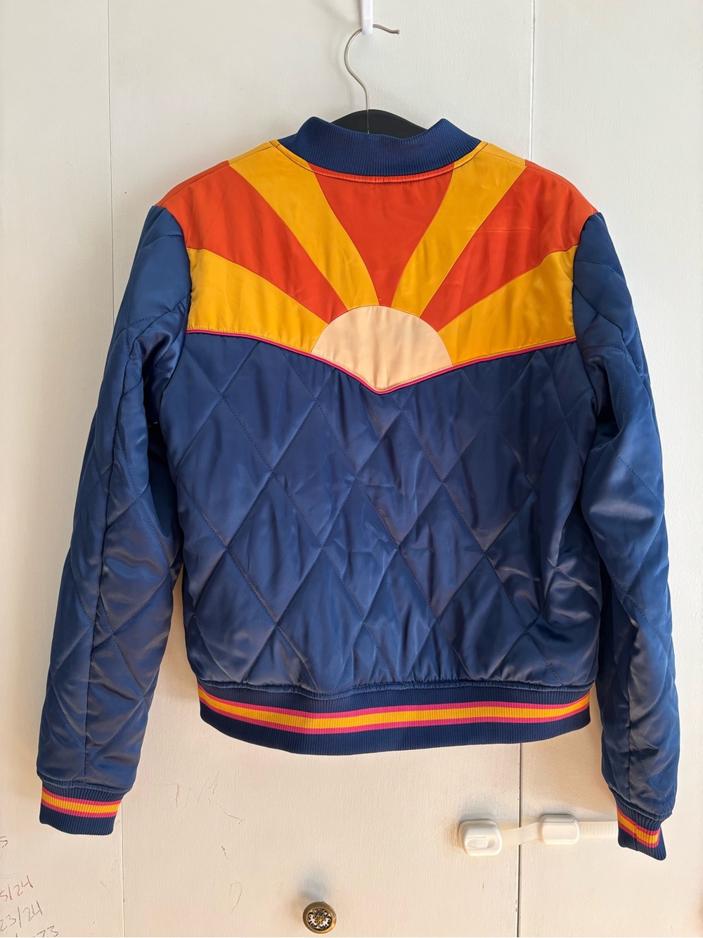 Navy Quilted Bomber Jacket with Sunset Motif